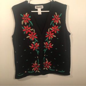 Theme Works Holiday Sweater Button Down Vest Womens L Embroidered